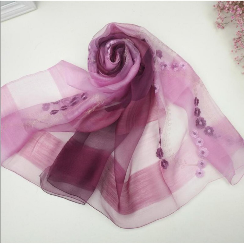 Wool Silk Scaves Purple Embroidery Women Summer Scarf